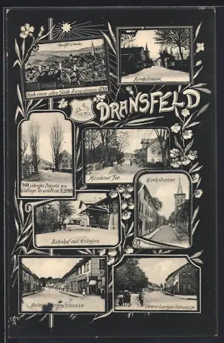 Grusskarten-AK Dransfeld, Mündener Tor, Kirchstrasse, Bahnhof mit Anlagen, 200-jährige Pappeln am Göttinger Tor