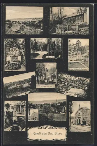 Grusskarten-AK Bad Bibra, Kriegerdenkmal, Kaiser Wilhelm-Denkmal, Brunnenhalle, Badehaus, Sickelsruhe