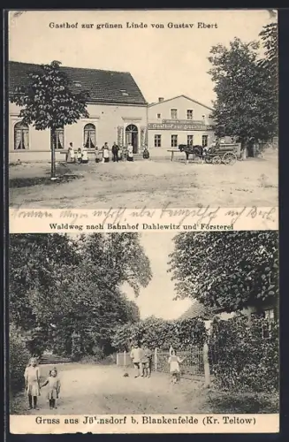 AK Jühnsdorf b. Blankenfelde, Gasthof zur grünen Linde von Gustav Ebert, Waldweg nach Bahnhof Dahlewitz und Försterei