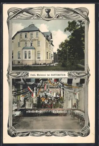 AK Hartenstein / Sachsen, Gasthof Etablissement Meisterei, Aussen- und Innenansicht