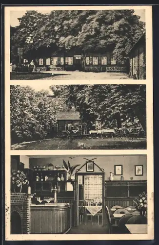 AK Lützow, Gasthaus Rosenberg, Inh. O. Ehlers, Aussenansicht, Garten, Innenansicht