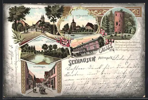 Lithographie Seehausen /Altmark, Partie am Beusterthor, Bahnhof, Schwibbogen