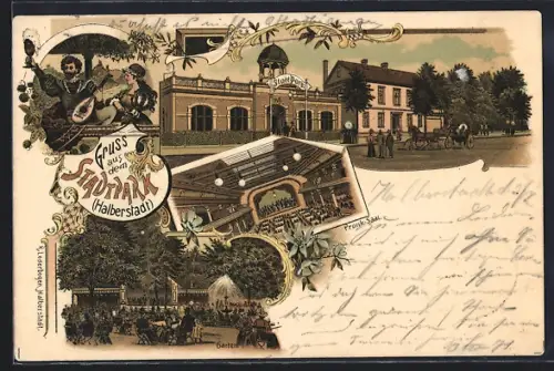 Lithographie Halberstadt, Gasthaus Stadtpark, Inneres Prunk-Saal, Garten