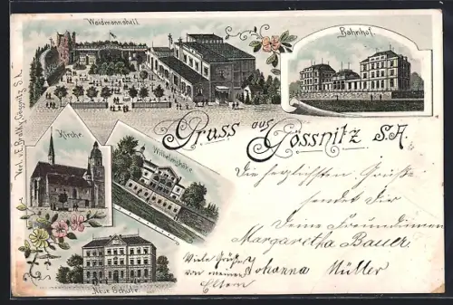 Lithographie Gössnitz / Thüringen, Bahnhof, Gasthaus Waidmannsheil, Neue Schule
