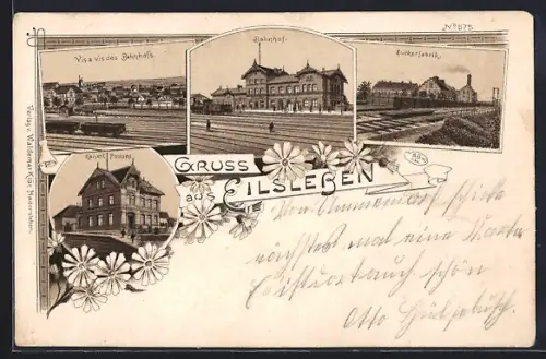 Lithographie Eilsleben, Bahnhof, Kaiserliches Postamt, Zuckerfabrik