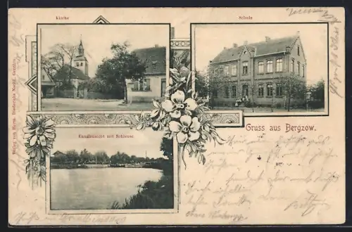 AK Bergzow, Kanalansicht mit Schleuse, Schule, Kirche