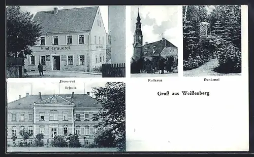 AK Weissenberg / Sachsen, Stadt-Brauerei, Rathaus in Totalansicht, Denkmal, Schule