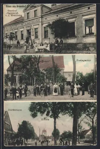 AK Arensdorf /Lebus, Gasthof Jägersruh v. J. Weinberg, Postagentur, Dirfstrasse mit Kirche
