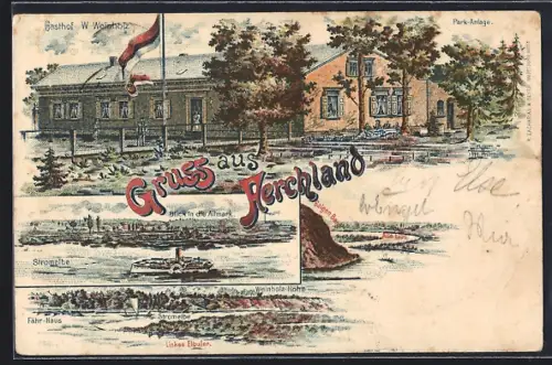 Lithographie Ferchland, Gasthof W. Weinholz, Park-Anlage, Galgenberg, Weinholz-Höhe, Fähr-Haus