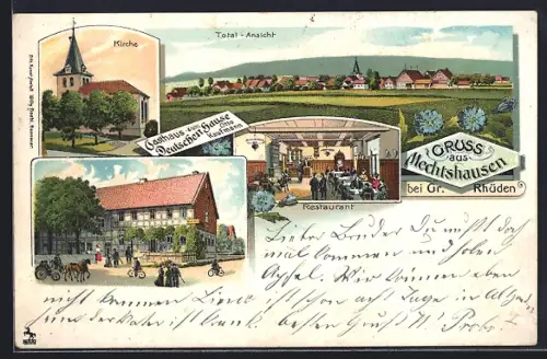 Lithographie Mechtshausen b. Gr. Rhüden, Gasthaus zum deutschen Hause von Otto Kaufmann, Restaurant Innenansicht, Kirche