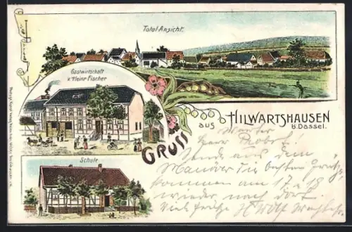 Lithographie Hilwartshausen b. Dassel, Gasthof von Heinrich Fischer, Schule