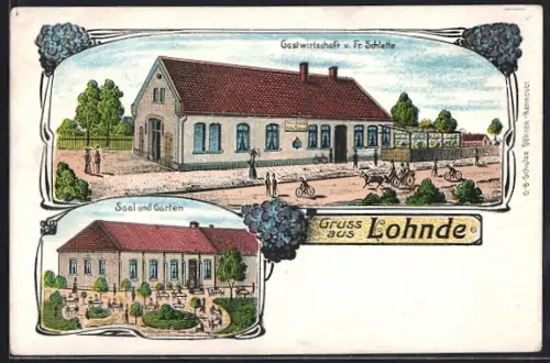 Lithographie Lohnde, Gasthaus v. Fr. Schlette, Saal und Garten