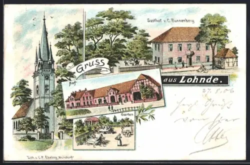 AK Lohnde, Gasthof v. C. Bunnenberg, Kirche, Hof, Garten