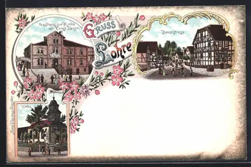 Lithographie Lohre, Gasthaus zur Krone von Ernst Jäger, Kirche, Hauptstrasse