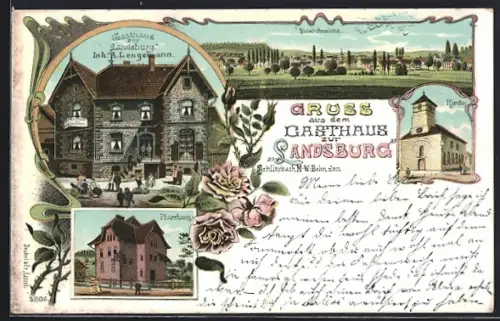 Lithographie Schlierbach / Schwalm-Eder, Gasthaus zur Landsburg, Inh. A. Lengemann, Pfarrhaus, Kirche