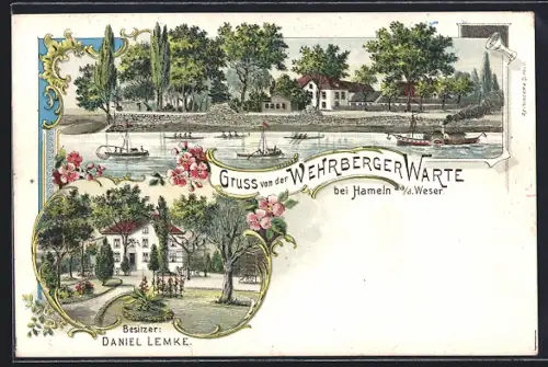 Lithographie Hameln a. d. Weser, Gasthof Wehrberger Warte, Besitzer Daniel Lemke