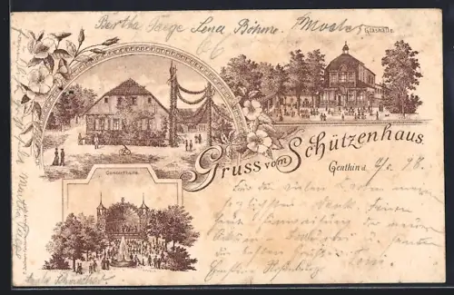 Lithographie Genthin, Gasthof Schützenhaus, Glashalle, Conzerthalle