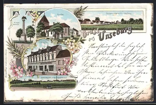 Lithographie Unseburg, Warenhaus von C. H. Rauch, Kriegerdenkmal, Kirche, Totalansicht von der Kiesgrube aus
