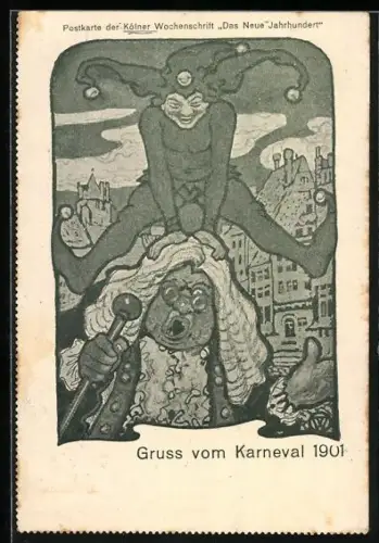 Künstler-AK Köln, Karneval 1901, Harlekin steigt älterem Mann auf den Kopf, Kölner Wochenschrift Das Neue Jahrhundert