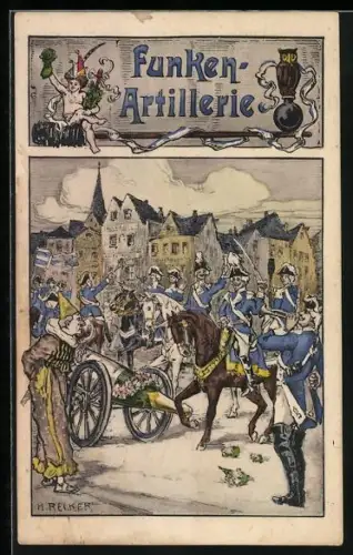 Künstler-AK Köln, Funken-Artillerie beim Parademarsch, Kölner Karneval