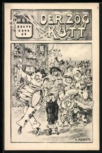 Künstler-AK Köln, Der Zog Kütt, Karnevalszug auf dem Festmarsch