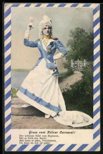 AK Köln, Mann verkleidet als Frau zum Kölner Karneval, Der schönste Kähl vum Regiment...