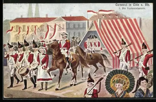 Künstler-AK Köln, Die Funkeninfanterie beim Parademarsch