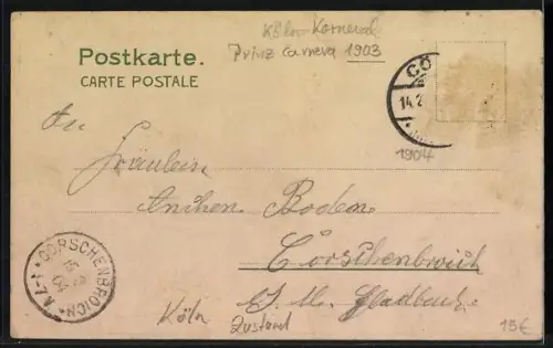 Lithographie Köln, Prinz Carneval, Ferd. Kraus, Fasching 1903