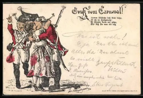Künstler-Lithographie Gruss vom Carneval!, Komm Mädche loss Dich bütze..., Soldat küsst Maid
