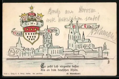 Künstler-AK Köln, Alaaf Köln, Panorama der Stadt mit Karnevalswappen