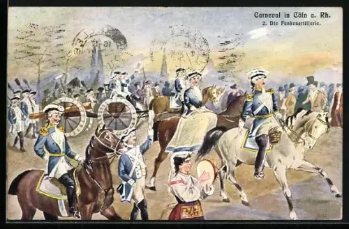 Künstler-AK Köln, Die Funkenartillerie auf dem Festmarsch, Kölner Karneval