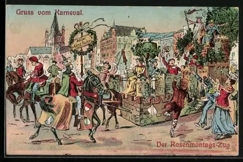 Künstler-AK Köln, Rosenmontagszug auf dem Festmarsch