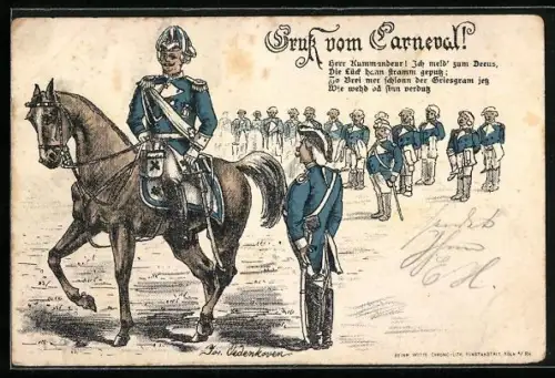 Künstler-AK Köln, Soldat meldet sich beim Kommandeur, Kölner Karneval