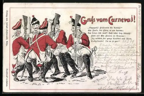 Künstler-AK Köln, Soldaten präsentieren das Gewehr, Kölner Karneval, Spruch