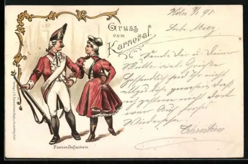 Künstler-AK Köln, Pärchen der Funken-Infanterie bei einem Tanz, Kölner Karneval