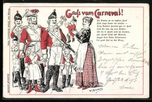 Künstler-AK Köln, Soldaten der Funkeninfanterie mit Kindern, Kölner Karneval, Spruch