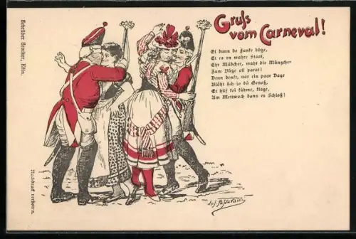 Künstler-AK Köln, Soldaten der Funkeninfanterie bei einem Tanz Mägden, Kölner Karneval