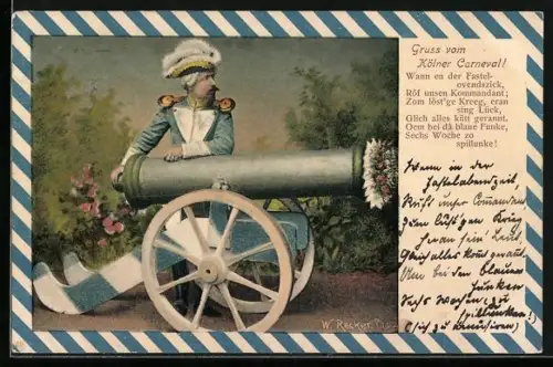 AK Köln, Soldat der Funkenartillerie am Geschütz, Spruch Kölner Karneval