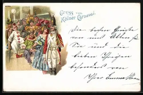 Künstler-AK Köln, Feiernde Leute im Karnevalskostüm im Festsaal