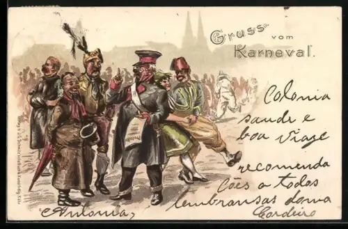 AK Karneval, verkleidete Leute im Gespräch