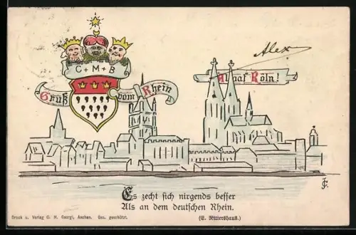 Künstler-AK Köln, Totalansicht mit Karnevalswappen