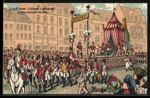 Künstler-AK Köln, Funken-Infanterie und Zelt, Kölner Karneval