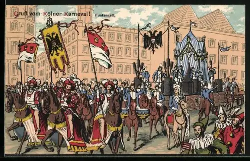 Künstler-AK Köln, Karnevalszug am Funkenzelt