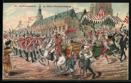 Künstler-AK Köln, Die Funkeninfanterie im Rosenmontagszug, Karneval