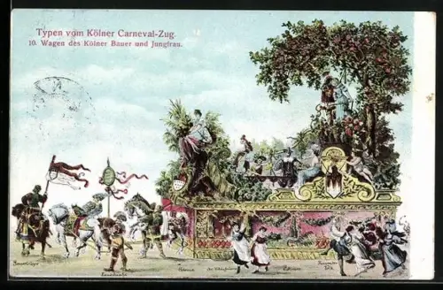 Künstler-AK Köln, Wagen des Kölner Bauer und Jungfrau, Kölner Karneval