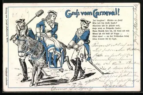Künstler-AK Köln, Funkenartillerie mit Maultier und Spruch, Kölner Karneval