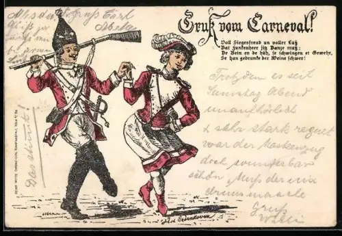 Künstler-Lithographie Gruss vom Carneval!, Voll Siegesfreud un voller Luss..., Tanzmariechen, Funkenmarie