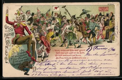 Lithographie Köln, Kölner Karnevalszug mit Spruch