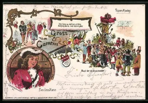 Lithographie Köln, Funcken-Marie, Karnevalsgesellschaft am Rosen-Montag, Wer löstig ess..., Fasching