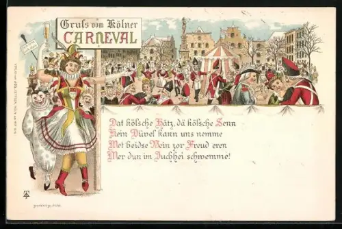 Lithographie Kölner Karneval mit Bier und Kostümen